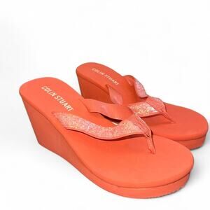 Coral Y2K Vintage Heeled Flip Flops with Glitter Straps – Size 6.5 Early 2000s